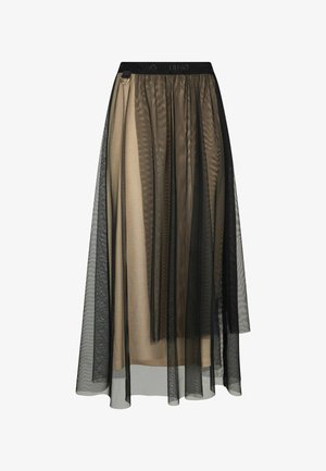Przezroczysta czarna długa spódnica maxi z beżową podszewką, elastycznym pasem i ozdobnym pierścieniem, charakteryzująca się lejącymi, warstwowymi teksturami.