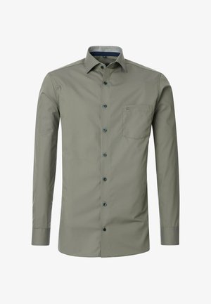 Olivgrünes Langarmhemd mit Button-Down-Kragen, kontrastierendem inneren Kragenmuster, einer Brusttasche und dunkelblauen Knöpfen.