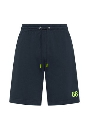 Pantaloncini casual blu navy scuro con vita elastica, coulisse regolabile con punte al neon e numero "68" verde neon stampato vicino all'orlo sinistro.