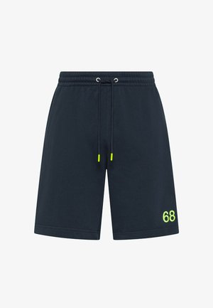 Pantaloncini casual blu navy scuro con vita elastica, coulisse regolabile con punte al neon e numero "68" verde neon stampato vicino all'orlo sinistro.