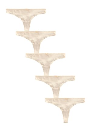 Fem beige satintringtrusser arrangeret i en nedadgående lodret linje, hver med en lille forreste sløjfedetalje.