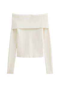 Off-the-shoulder top met lange mouwen in crèmekleurige geribbelde stof, met een brede halslijn en een getailleerde silhouet. Zachte textuur met verticale patronen.