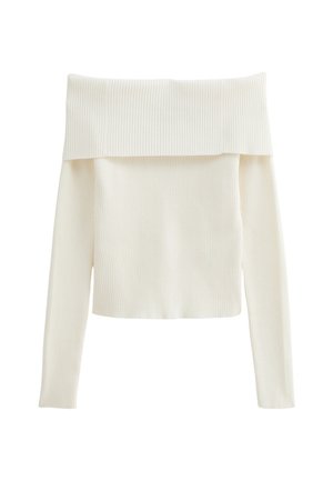 Off-the-shoulder long-sleeve top in cream ribbed fabric, featuring a wide neckline and a fitted silhouette. Soft texture with vertical patterns.