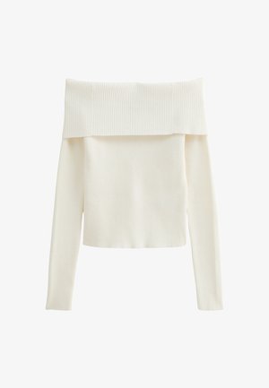 Off-the-shoulder top met lange mouwen in crèmekleurige geribbelde stof, met een brede halslijn en een getailleerde silhouet. Zachte textuur met verticale patronen.