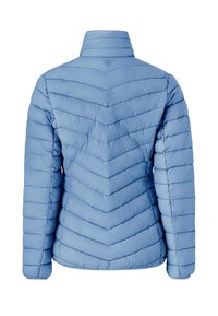 Light blue quilted puffer jacket with chevron stitching, high collar, and long sleeves shown from the back on a white background.