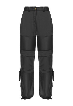 Pantaloni cargo neri con zip e chiusura a bottone, dotati di molteplici tasche, polsini elastici e un tessuto morbido con finitura opaca.