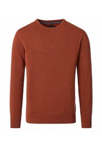 Sweter w kolorze rdzy z okrągłym dekoltem, ściągaczami na mankietach i dole. Gładka faktura z klasycznym, prostym krojem i bocznymi rozcięciami.