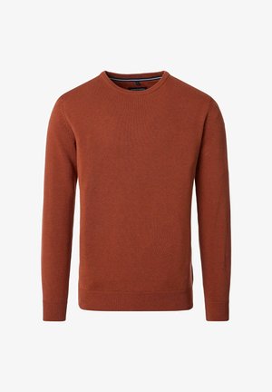 Pullover in Rostfarbe mit Rundhalsausschnitt, gerippten Bündchen und Saum. Glatte Textur mit klassischem, gerade geschnittenem Design und seitlichen Schlitzen.
