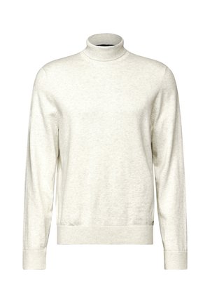 Lys beige højhalset sweater lavet af blødt materiale. Har lange ærmer, ribbede manchetter og en ribbet kant. Simpelt design uden yderligere mønstre.