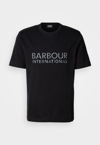 T-shirt de algodão preto com letras em strass brancas "BARBOUR INTERNATIONAL" na frente. Design de mangas curtas e decote redondo.