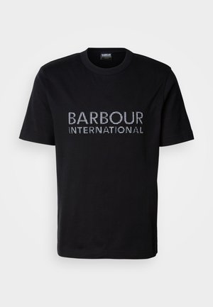 Fekete pamut póló, elöl fehér strasszos felirattal: "BARBOUR INTERNATIONAL". Rövid ujjú és kerek nyakú dizájn.