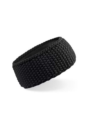 Schwarzes gestricktes Stirnband aus Stoff mit strukturiertem Muster, breit und elastisch für eine bequeme Passform.