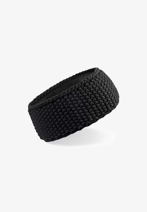 Black knitted fabric headband with a textured pattern, wide and elastic for comfortable fit.