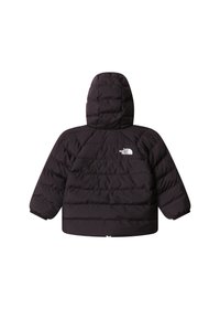 Veste matelassée noire avec capuche vue de dos, avec le logo The North Face en haut à droite.