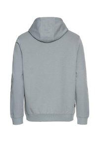 Hellgrauer Kapuzenpullover von hinten gezeigt, mit langen Ärmeln und gerippten Bündchen sowie Saum.