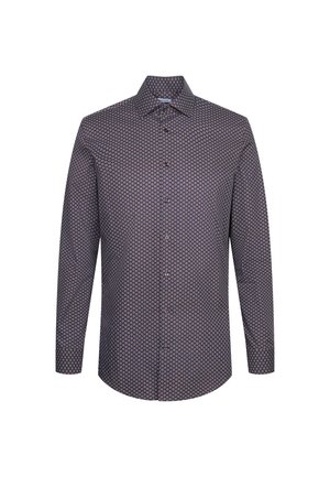 Camicia a maniche lunghe di colore blu navy con un motivo geometrico in rosa chiaro e bianco. Presenta un colletto a punta e chiusura con bottoni davanti.
