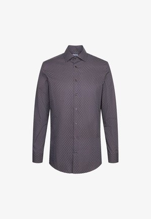 Camicia a maniche lunghe di colore blu navy con un motivo geometrico in rosa chiaro e bianco. Presenta un colletto a punta e chiusura con bottoni davanti.
