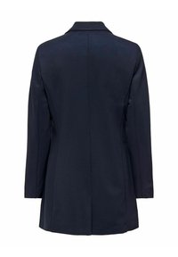 Jūras spēku žakete, pieguļošs krokojums, vienas pogas dizains, iegriezta apkakle, garas piedurknes, gluda auduma, minimālisma stils, tīra aizmugure.