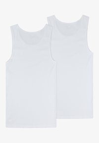 Two white cotton tank tops with round necklines, smooth texture, and sleeveless design, laid flat side by side. No visible logos or patterns.