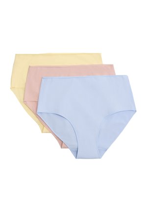 Tres bragas de cintura alta sin costuras para mujer en azul pastel, rosa y amarillo, superpuestas y planas sobre un fondo blanco.
