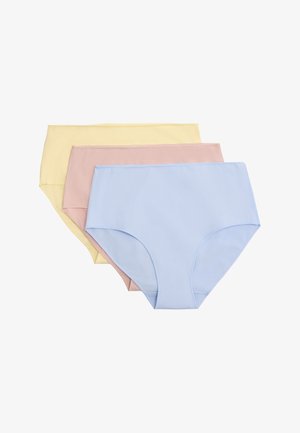 Tres bragas de cintura alta sin costuras para mujer en azul pastel, rosa y amarillo, superpuestas y planas sobre un fondo blanco.