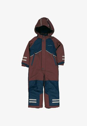 Rød og marineblå vandtæt vinterdragt med hætte, lynlåslommer, sølvreflekterende striber og kontrastfarvede paneler på jakken og bukserne.