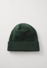 Grüne Strickmütze mit gerippter Textur und umgeschlagenem Rand, mit nahtlosem Oberteil und weichem Stoff. Geeignet für kaltes Wetter.