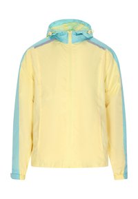 Lichtgewicht windjack in geel met turquoise mouwen, voorzien van een capuchon, ritssluiting aan de voorkant en elastische manchetten.