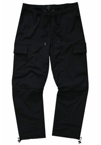 Schwarze Cargo-Hosen mit elastischem Bund, Kordelzug, zwei Seitentaschen und verstellbaren Bündchen an den Knöcheln. Glatte Textur, funktionales Design.