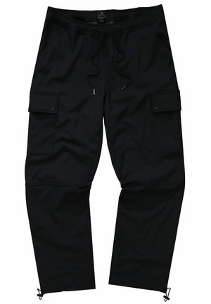 Black cargo pants with an elastic waistband, drawstring, two side pockets, and adjustable cuffs at the ankles. Smooth texture, functional design.