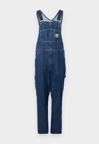 Τζιν μπλε σόρτς με ρυθμιζόμενες μαύρες τιράντες, μπροστινή τσέπη στο στήθος με λογότυπο, πλαϊνές τσέπες και ίσια σχεδίαση ποδιών.