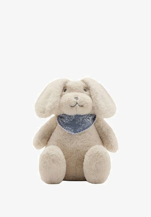 Soft beige plush bunny with floppy ears, black eyes, and a blue paisley bandana around its neck, sitting upright on a white background.