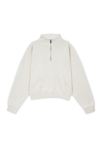 Felpa beige chiaro con colletto alto, zip a quarto, tasca a soffietto frontale e polsini a costine. Tessuto morbido con vestibilità rilassata.