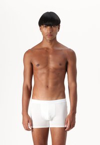 Weiße Baumwoll-Boxershorts mit einem weichen elastischen Bund, die eine glatte Textur und ein enganliegendes Design aufweisen, präsentiert von einem männlichen Model.