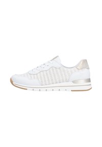 White sneaker with textured knit upper and metallic accents. Features a cushioned sole, lace closure, and subtle striped pattern.