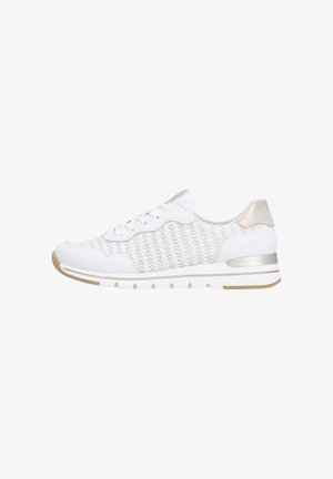White sneaker with textured knit upper and metallic accents. Features a cushioned sole, lace closure, and subtle striped pattern.