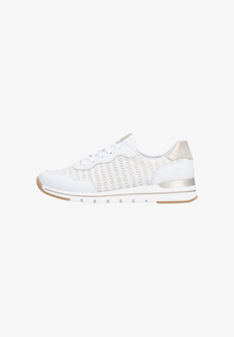 White sneaker with textured knit upper and metallic accents. Features a cushioned sole, lace closure, and subtle striped pattern.