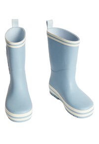 Bottes de pluie en caoutchouc bleu clair avec des accents blancs ; languettes de tirage en haut ; bout arrondi ; semelle texturée pour une meilleure traction ; finition lisse et brillante.