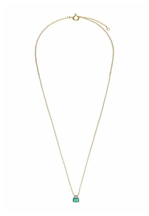 Gold chain necklace featuring a rectangular green gemstone pendant with a clear stone accent, displayed on a white background.