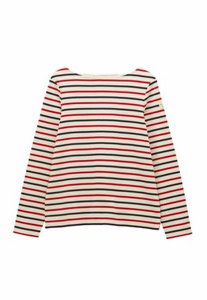 Long-sleeve shirt with horizontal stripes in red, black, and white on a cream background, crew neckline, and a small patch on the left sleeve.