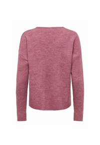 Pull rose pâle à manches longues avec col rond et poignets et ourlet côtelés vu de dos.