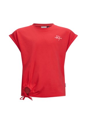 Rode katoenen t-shirt met korte mouwen, voorzien van een lus aan de onderrand en een strikdetail. Logo in het wit op de voorkant gedrukt. Soepele textuur.