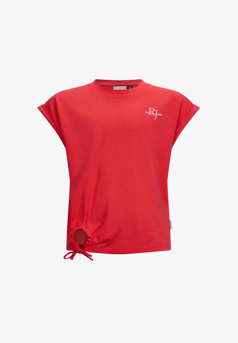 Rode katoenen t-shirt met korte mouwen, voorzien van een lus aan de onderrand en een strikdetail. Logo in het wit op de voorkant gedrukt. Soepele textuur.