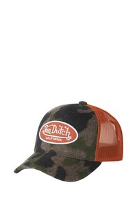 Casquette à motif camouflage avec un devant bleu foncé, un dos en maille orange et un patch ovale blanc portant l'inscription "Von Dutch California."