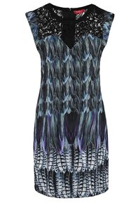 Robe sans manches avec un empiècement en dentelle noire et un motif vibrant de plumes dans des teintes de bleu et de violet, avec une silhouette droite et une fermeture éclair au dos.