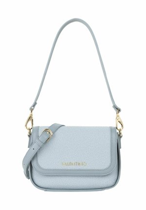 Sac à bandoulière Valentino bleu clair avec bandoulière réglable, garnitures dorées et extérieur en tissu texturé.