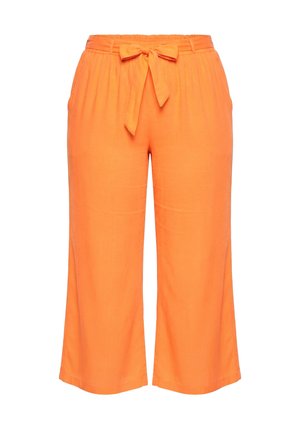 Pantalones anchos de pierna ancha de color naranja brillante, recortados, con cintura elástica y lazo de tela al frente, con bolsillos laterales.
