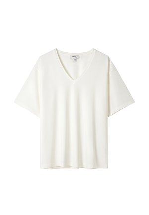 T-shirt blanc à col V en tissu doux, avec des manches courtes et une coupe décontractée. Présente une couture discrète le long de l'encolure et des ourlets.