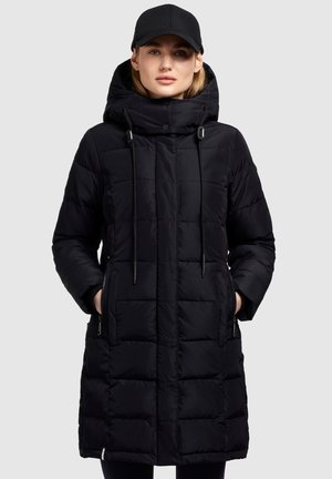 Black puffer coat with a hood, featuring a quilted design, toggle closures, zippered side pockets, and a streamlined silhouette.