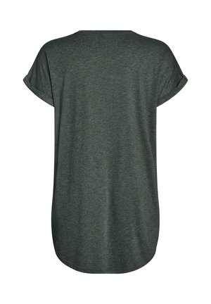 Tumehall lühikeste varrukatega lahtise lõikega t-särk, millel on rullitud mansetid ja ümarad servad, nähtav tagantpoolt valgel taustal.